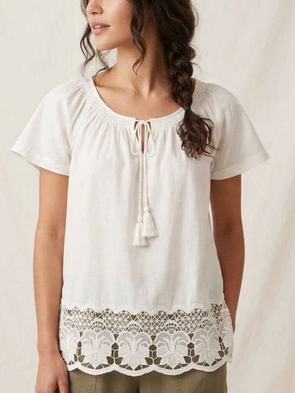 St John's Bay Women Size S White Poplin Short Sleeve Crochet Lace Hem Tassel Top